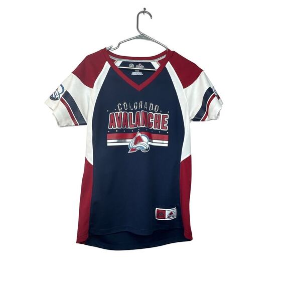 Majestic Avalanche Jersey Women’s Medium Red V-Neck Rhinestone NHL Shirt - Picture 1 of 6